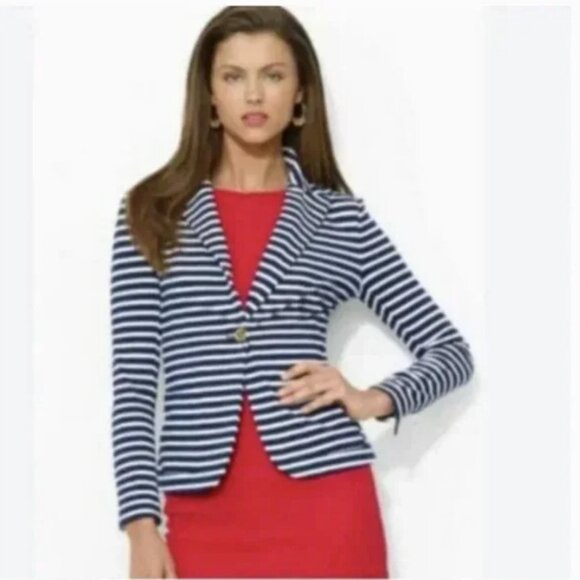 NWT Lauren Ralph Lauren Women's Ponte Knit Stripe Blazer Navy Blue White Size PL - Picture 13 of 13